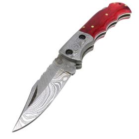 TheBoneEdge 6.5" Damascus Blade Folding Knife Red Handle With Leather Sheath