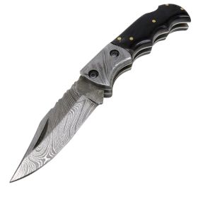 TheBoneEdge 6.5" Damascus Blade Folding Knife Black Handle With Leather Sheath