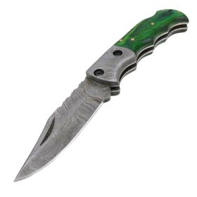 TheBoneEdge 6.5" Damascus Blade Folding Knife Green Handle With Leather Sheath