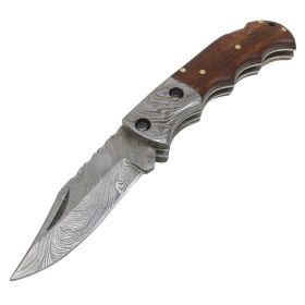 TheBoneEdge 6.5" Damascus Blade Folding Knife Wood Handle With Leather Sheath