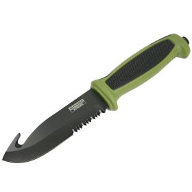 Defender-Xtreme 9.5" Green Rubber Handle Hunting Knife Stainless Steel Gut Hook