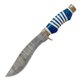 TheBoneEdge 13" Damascus Blade Hunting Knife White & Blue Handle Leather Sheath