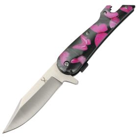 TheBoneEdge 8" Pink Butterfly Boot Handle Folding Knife Spring Assisted Stainless Steel