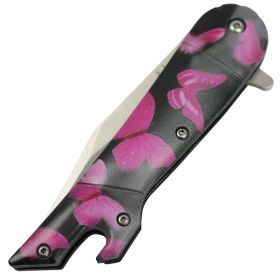 TheBoneEdge 8" Pink Butterfly Boot Handle Folding Knife Spring Assisted Stainless Steel