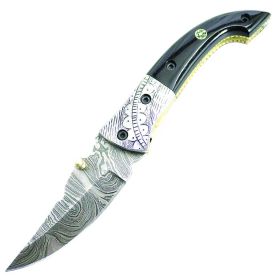 TheBoneEdge Style Blade Damascus Steel Folding Knife 8" with Leather Sheath