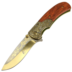 TheBoneEdge 8.5" Gold Coating Packawood Handle Spring Assisted Folding Knife New