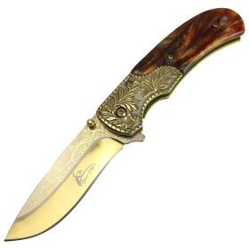 TheBoneEdge 8.5" Pearl Brown Handle Gold Coating Spring Assisted Folding Knife