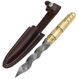 TheBoneEdge 10" Damascus Folded Steel Twist Dagger Gold Handle Leather Sheath 
