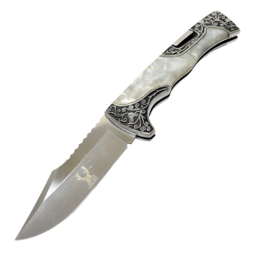 TheBoneEdge 9" Classic Western Folding Knife Stainless Steel White Pearl Handle
