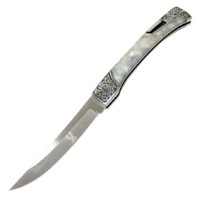 TheBoneEdge 9.5" Classic Western Folding Knife Stainless Steel White Pearl Handle