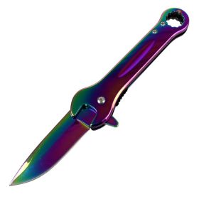 Defender-Xtreme 7.5" Wrench Tool Tactical Spring Assisted Folding Knife Rainbow