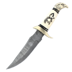 TheBoneEdge 13" Bone Handle Brass Bolster Eagle Head Damascus Blade Hunting Knives With Leather Sheath