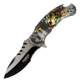 Defender-Xtreme 8.5" Angry Wolf Spring Assisted Folding Knife Stainless Bottle Opener