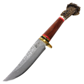TheBoneEdge 9.5" Damascus Pattern Hunting Knife Red Stag Handle With Sheath