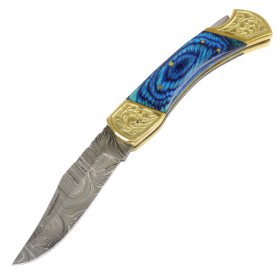 TheBoneEdge 9" Hand Made Damascus Blade Folding Knife Pakkawood Handle Blue New