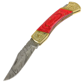 TheBoneEdge 9" Hand Made Damascus Blade Folding Knife Pakkawood Handle Red New
