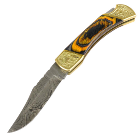 TheBoneEdge 9" Hand Made Damascus Blade Folding Knife Pakkawood Handle Burnt Finish