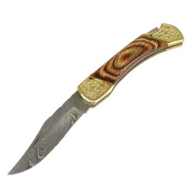 TheBoneEdge 9" Hand Made Damascus Blade Folding Knife Pakkawood Handle Brown New