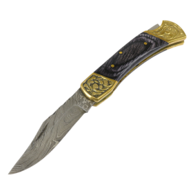 TheBoneEdge 7" Hand Made Damascus Blade Folding Knife Pakkawood Handle Black New