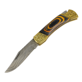 TheBoneEdge 7" Hand Made Damascus Blade Folding Knife Pakkawood Handle Burnt Finish