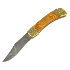 TheBoneEdge 7" Hand Made Damascus Blade Folding Knife Pakkawood Handle Yellow