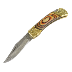 TheBoneEdge 7" Hand Made Damascus Blade Folding Knife Pakkawood Handle Brown New