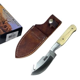 Defender-Xtreme 7.5" Bone Handle Stainless Steel Hook Blade Hunting Knife With Leather Sheath