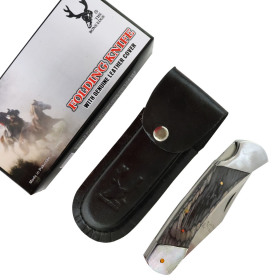 TheBoneEdge 9" Folding Knife Pakkawood Black Handle Stainless Steel Blade With Leather Sheath