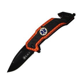 7 5/8"  Orange & Black Spring Assisted Folding Knife Heavy Duty Steel New w/ EMS Logo