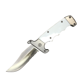 TheBoneEdge 9" Silver Bolster Pearl White Handle Spring Assisted Folding Knife With Belt Clip