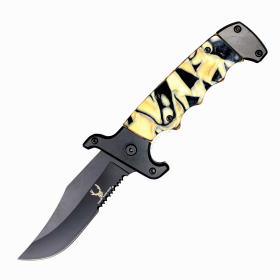 TheBoneEdge 9" Black Bolster Dark Resin Yellow Handle Spring Assisted Folding Knife With Belt Clip