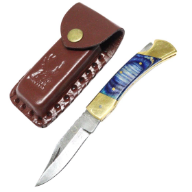 TheBoneEdge 7" Hunting Folding Knife Damascus Steel Blue Wood Handle Hand Made New