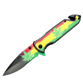 8" Green Leaves Design Spring Assisted Folding Knife W/ Belt Cutter