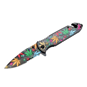 8" Multi Color Leaves Design Spring Assisted Folding Knife W/ Belt Cutter