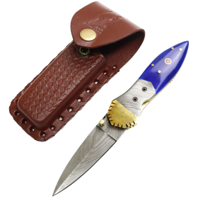 TheBoneEdge 8" Damascus Blade Folding Knife Blue Wood Handle With Damascus Bolster