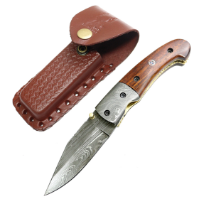 TheBoneEdge 8.5" Damascus Blade Folding Knife Wood Handle With Damascus Bolster
