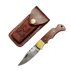 TheBoneEdge 7" Dark Wood Handle Damascus Blade Folding Knife With Leather Pouch