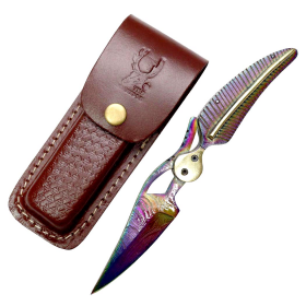 TheBoneEdge 9" Multi Color Damascus Blade Leaf Design Handle Folding Knife With Leather Sheath