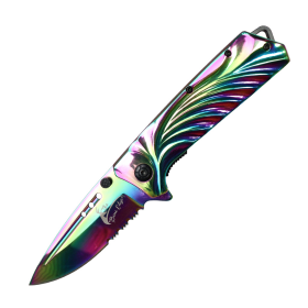 TheBoneEdge 9" Shiny Rainbow Steel Handle Spring Assisted Folding Knife With Belt Clip