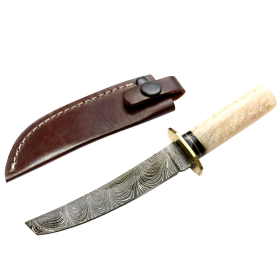 TheBoneEdge 6" Damascus Fixed Blade White Resin Handle Hunting Knife With Sheath
