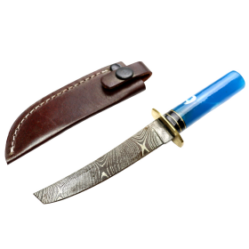 TheBoneEdge 6" Damascus Fixed Blade Blue Resin Handle Hunting Knife With Sheath