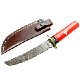 TheBoneEdge 6" Damascus Fixed Blade Red Resin Handle Hunting Knife With Sheath