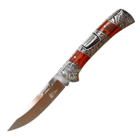 TheBoneEdge 9" Red Pakkawood Handle Engraved Design Folding Knife 3CR13 Stainless Steel