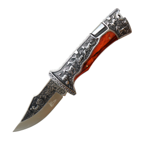 TheBoneEdge 9" Engraved Design Red Pakkawood Handle Folding Knife 3CR13 Stainless Steel