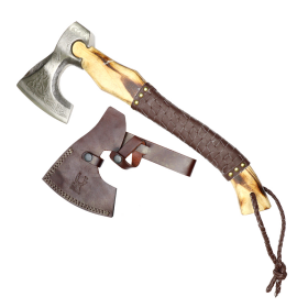TheBoneEdge 18.5" Steel Etching Blade Hunting Axe Dark Brown Leather Wrapped Handle W / Sheath