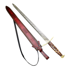 TheBoneEdge 38.5" Wood Handle Damascus Blade Sword With Genuine Leather Sheath