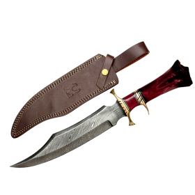 TheBoneEdge 16" Damascus Blade Custom Hand Made Hunting Knife Red Handle W/ Sheath