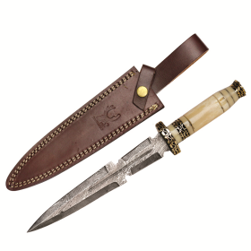 TheBoneEdge 13.5" Damascus Blade Hunting Knife White Horn Handle With Sheath