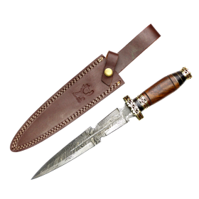 TheBoneEdge 13.5" Damascus Blade Hunting Knife Wood Handle With Sheath