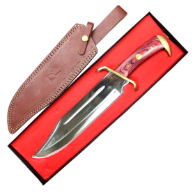 TheBoneEdge 16.5" Full Tang Red Wood Handle Brass Clip Hunting Bowie Knife With Sheath